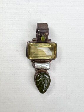 Handmade Large Pendant Multiple Gems Pearl Jade Topaz? Sterling Silver